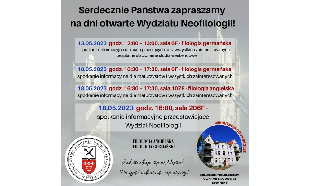 Serdecznie zapraszamy na DNI OTWARTE WYDZIAŁU NEOFILOLOGII