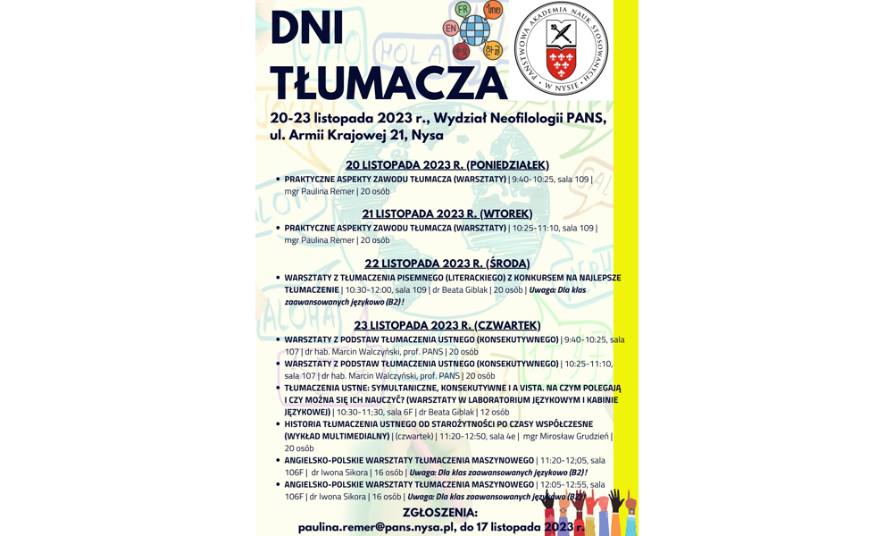 DNI TŁUMACZA na Wydziale Neofilologii PANS w Nysie!
