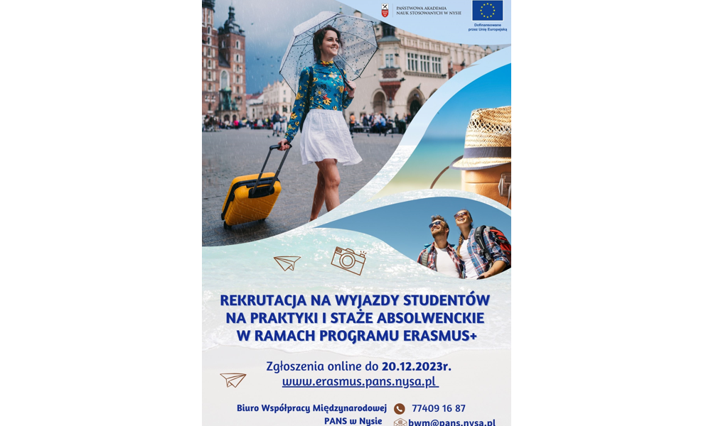 Rekrutacja na wyjazdy studentów na praktyki i staże absolwenckie w ramach programu Erasmus+. Zgłoszenia do 20.12.2023r.