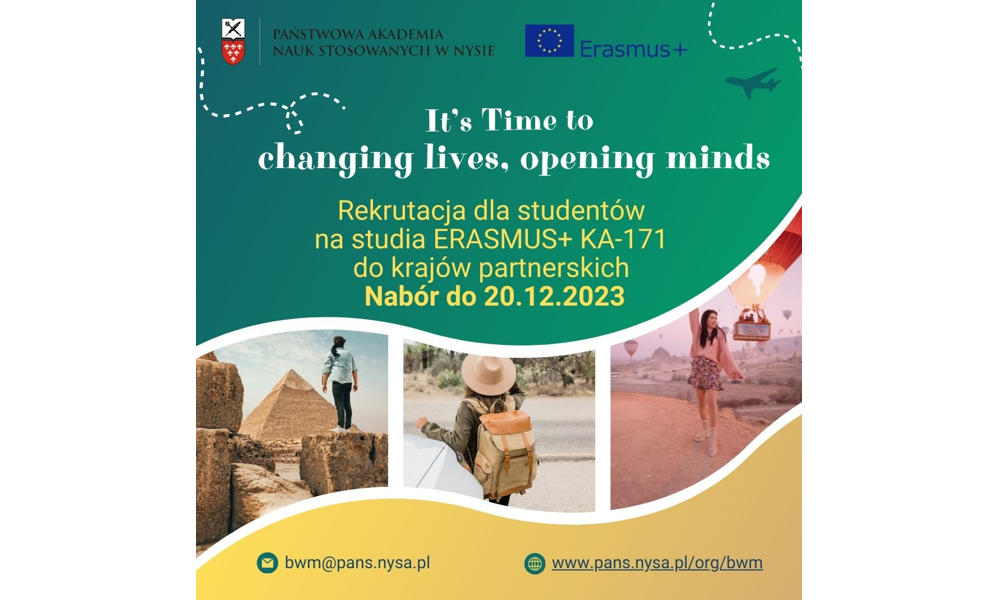 Rekrutacja KA-171 dla studentów na studia ERASMUS+ do krajów partnerskich. Nabór do 20.12.2023r.