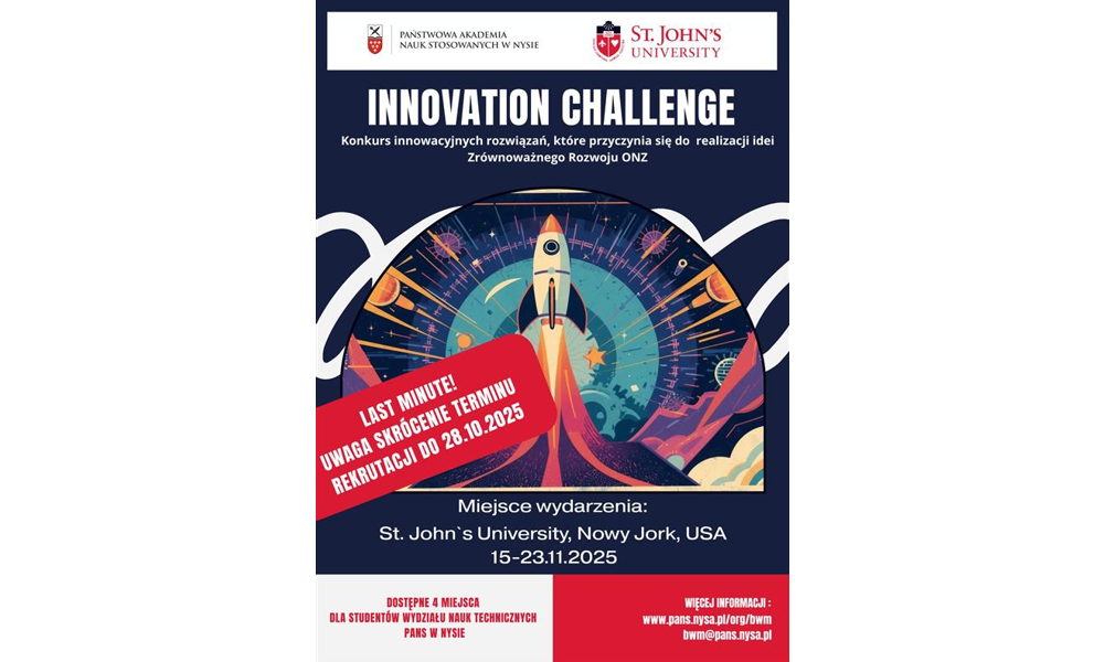 UWAGA!!! ZMIANU TERMINU REKRUTACJI do 28 października 2025r. Rekrutacja dla studentów PANS w Nysie do udziału w St John's Innovation Challenge 2025 w Nowym Jorku!