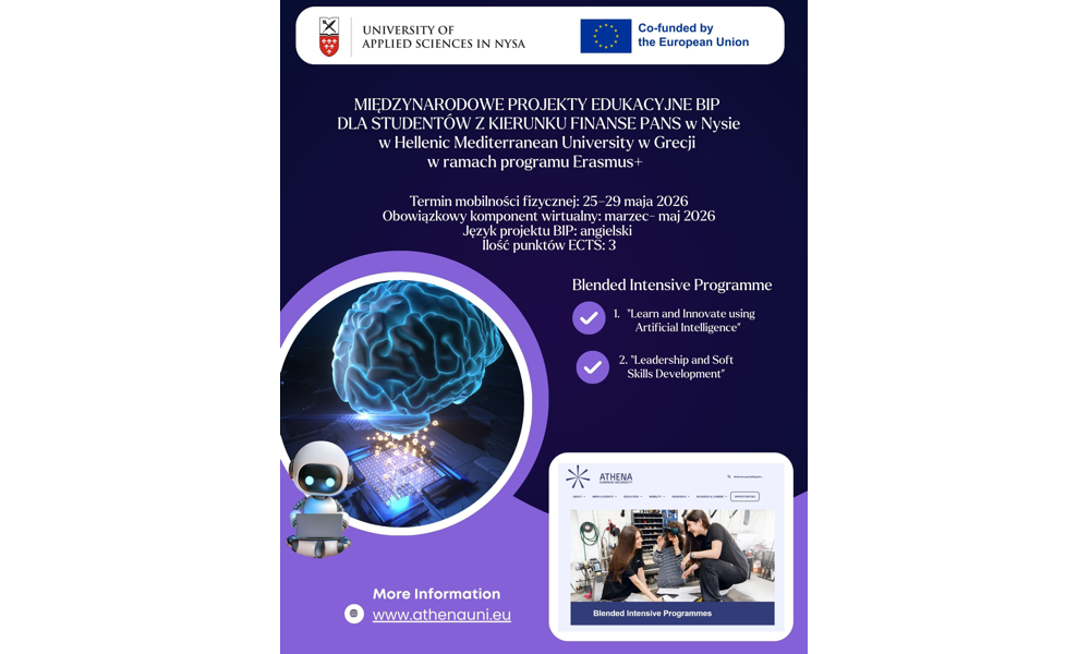 REKRUTACJA DO MIĘDZYNARODOWYCH PROJEKTÓW EDUKACYJNYCH BIP DLA STUDENTÓW Z KIERUNKU FINANSE PANS w Nysie  zorganizowane przez Hellenic Mediterranean University w Grecji.  Termin rekrutacji: 30.01.2026