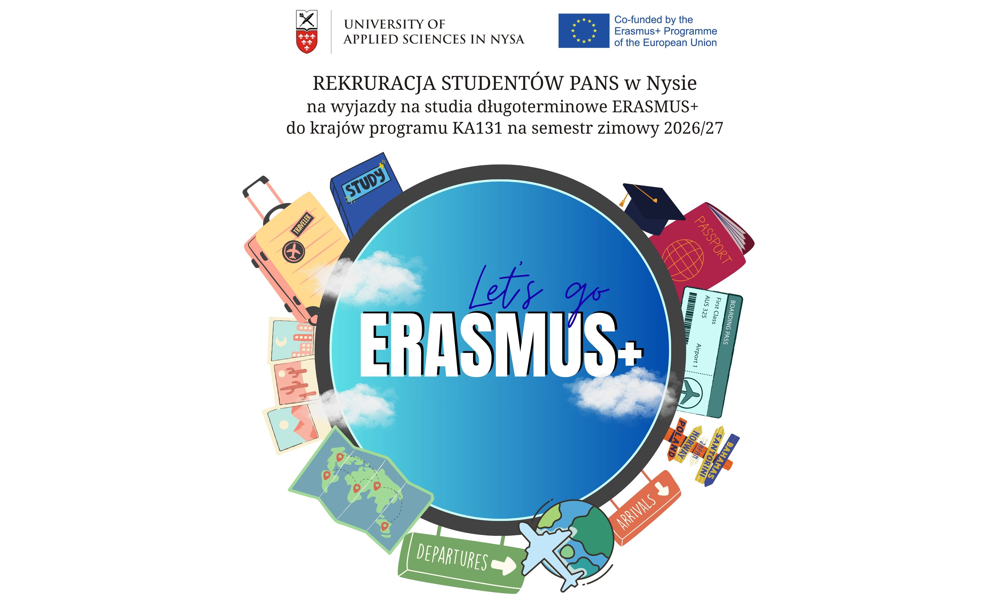 Rekrutacja dla studentów PANS w Nysie na wyjazdy na studia długoterminowe ERASMUS+ do krajów programu KA131 w semestrze zimowym 2026/2027.  Nabór do 10.03.2026 r.
