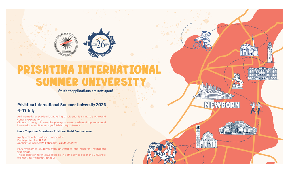 Międzynarodowa Szkoła Letnia w Kosowie 6-17 lipca 2026 – Prishtina International Summer University (PISU) 2026 UWAGA: Termin rekrutacji studentów PANS w Nysie: 22 marca 2026!