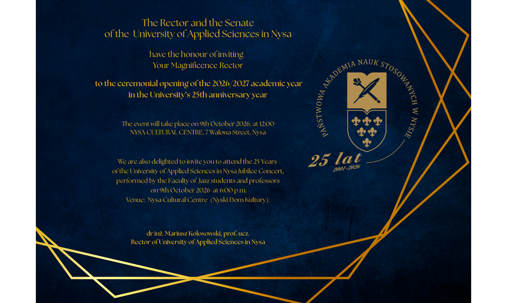Invitation to the Ceremonial Inauguration of the 2026/2027 Academic Year held in celebration of the 25th Anniversary of the University of Applied Sciences in Nysa