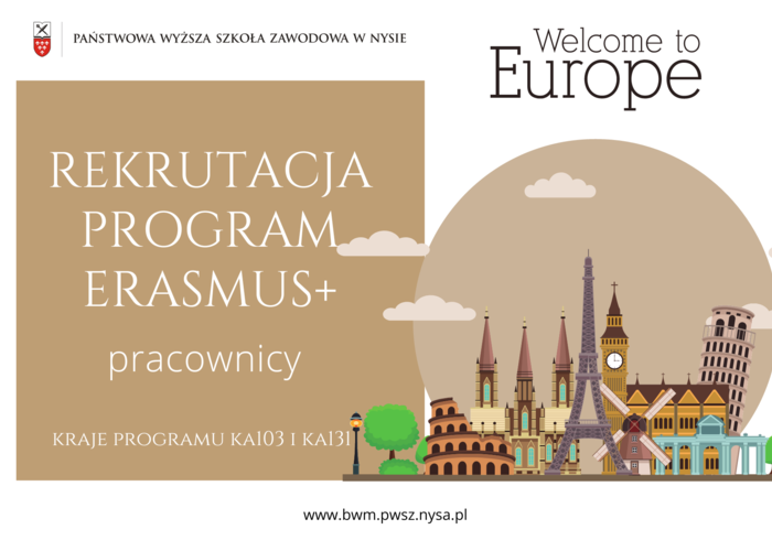 Rekrutacja na wyjazdy pracowników PWSZ w Nysie  w ramach Programu Erasmus+KA103 i KA-131  w roku akademickim 2022/23