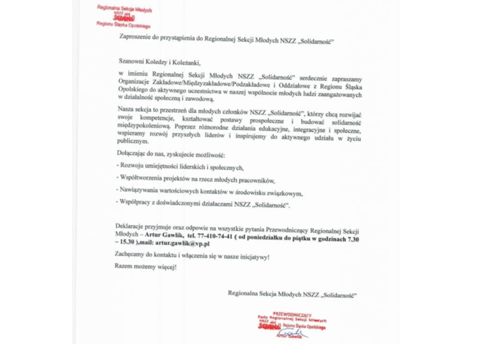 Zapraszamy do przystąpienia do Regionalnej Sekcji Młodych NSZZ "Solidarność"
