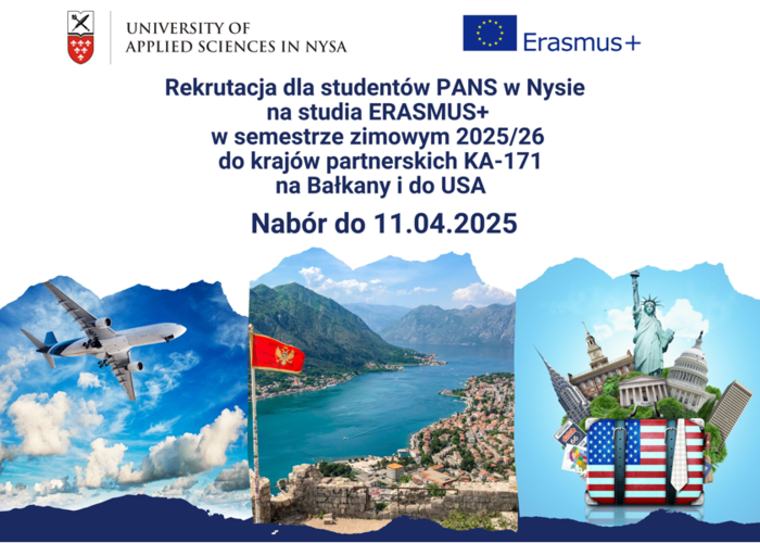 Rekrutacja KA-171 dla studentów PANS w Nysie na studia ERASMUS+ do krajów partnerskich na Bałkany Zachodnie i do USA.  Nabór do 11.04.2025 r.