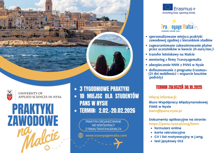 Otwarty nabór dla studentów PANS w Nysie na 3 tygodniowe praktyki zawodowe na Malcie w terminie 2.02.-20.02.2026.  Termin rekrutacji: do 30 października 2025. Liczba miejsc ograniczona!