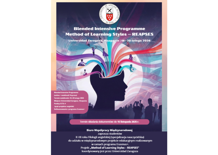 REKRUTACJA DO MIĘDZYNARODOWEGO PROJEKTU EDUKACYJNEGO BIP DLA STUDENTÓW FILOLOGII ANGIELSKIEJ PANS W NYSIE „Method of Learning Styles – REAPSES” w Universidad Zaragoza w Hiszpanii. Termin rekrutacji: do 15.11.2025 r.