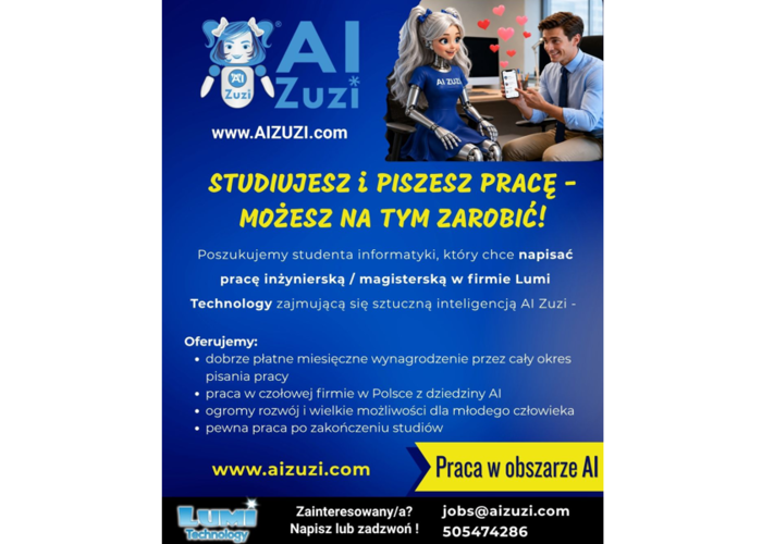 PRACA dla studentów informatyki i lingwistyki stosowanej - praca z zagadnień sztucznej inteligencji AI Zuzi w NYSIE