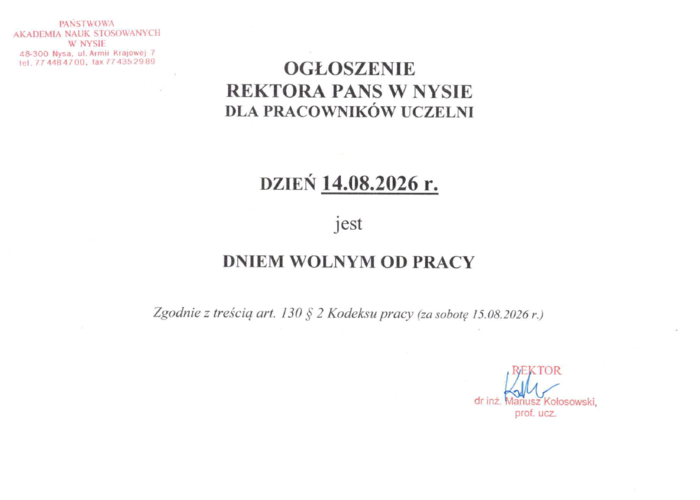 OGŁOSZENIE REKTORA PANS W NYSIE DLA PRACOWNIKÓW UCZELNI