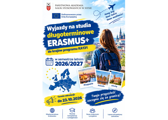 Rekrutacja dla studentów PANS w Nysie na wyjazdy na studia długoterminowe ERASMUS+ do krajów programu KA131 w semestrze letnim 2026/2027. Nabór do 23.10.2026 r.